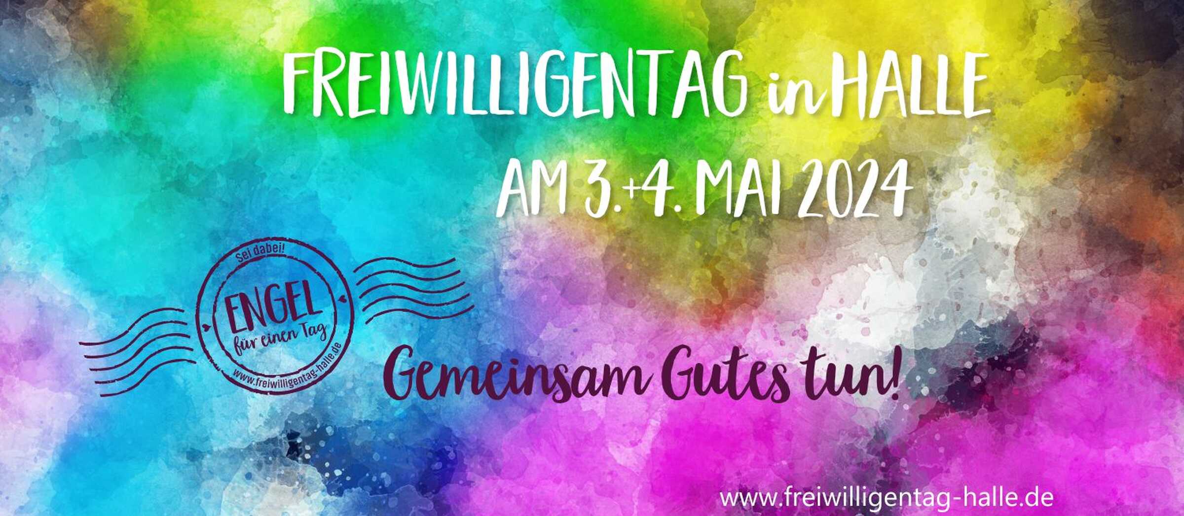Banner mit Text: Freiwilligentag in Halle am 3. und 4. Mai 2024. Gemeinsam Gutes tun!